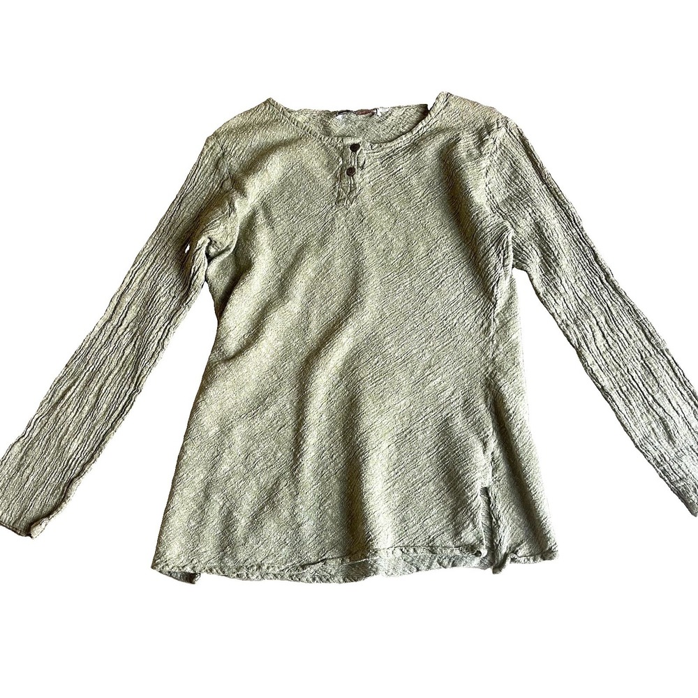Black Yak Hemp Cotton Shirt Green Textured Boho Lagenlook Top Medium